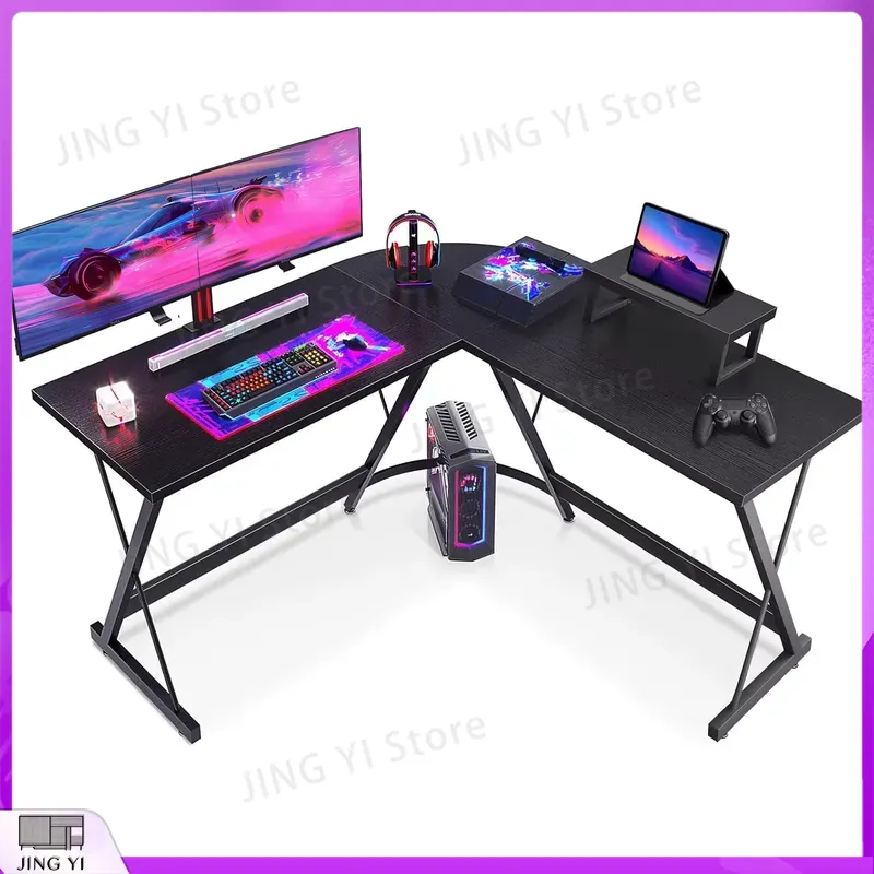 Desk Setup Black And Wood - Scrivania da Gaming a L con